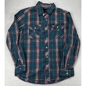 Hurley Shirt Mens Medium Blue Red Plaid Long Sleeve Western Pearl Snap Casual
